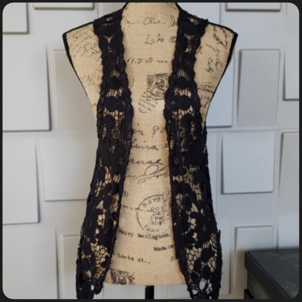 Indigo vest black crochet lace open front Size Medium